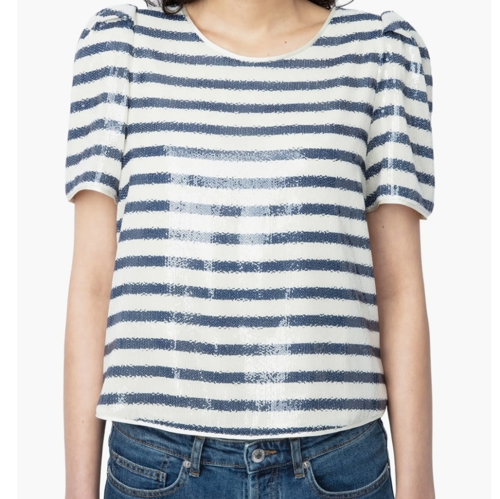 Zadig & Voltaire Tchao Sequin Striped Nautical Short Sleeve Top - Picture 2 of 12